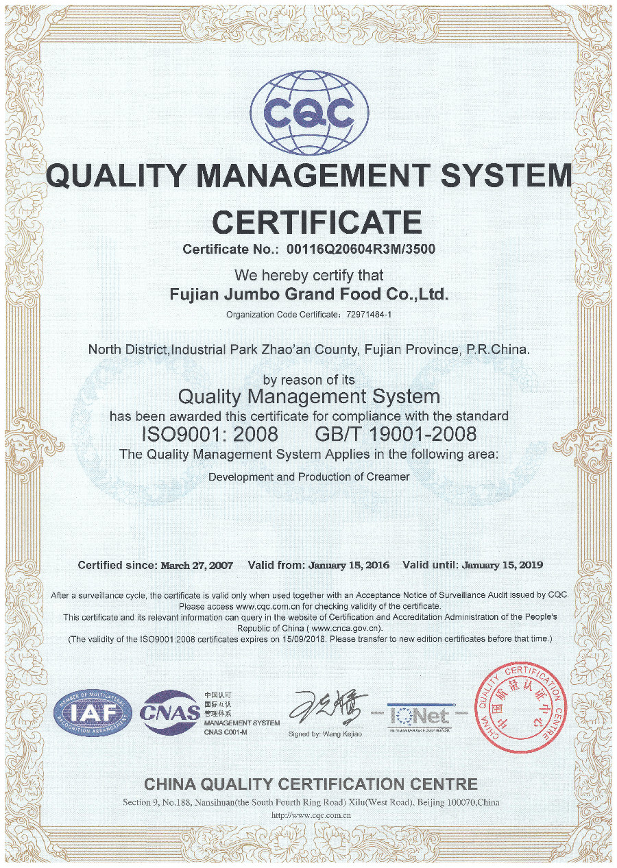 Certificado de sistema de gestión de calidad jumbo grand -iso 9001.
